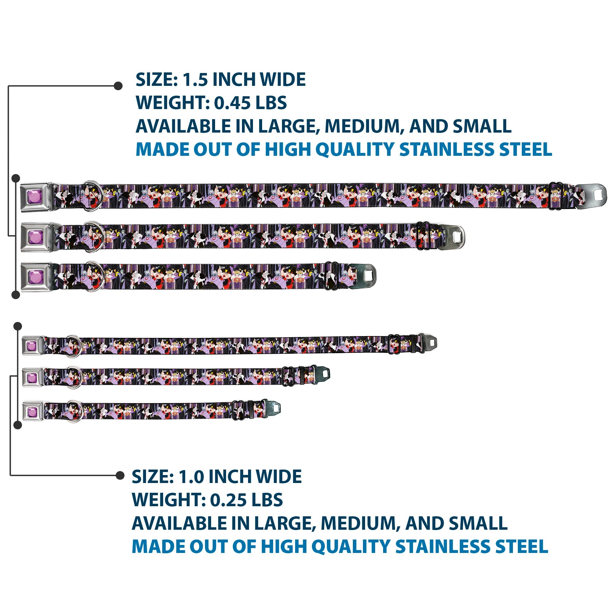 Princess Gem CLOSE-UP Full Color Purple Seatbelt Buckle Collar - 5-Disney Villains Stacked