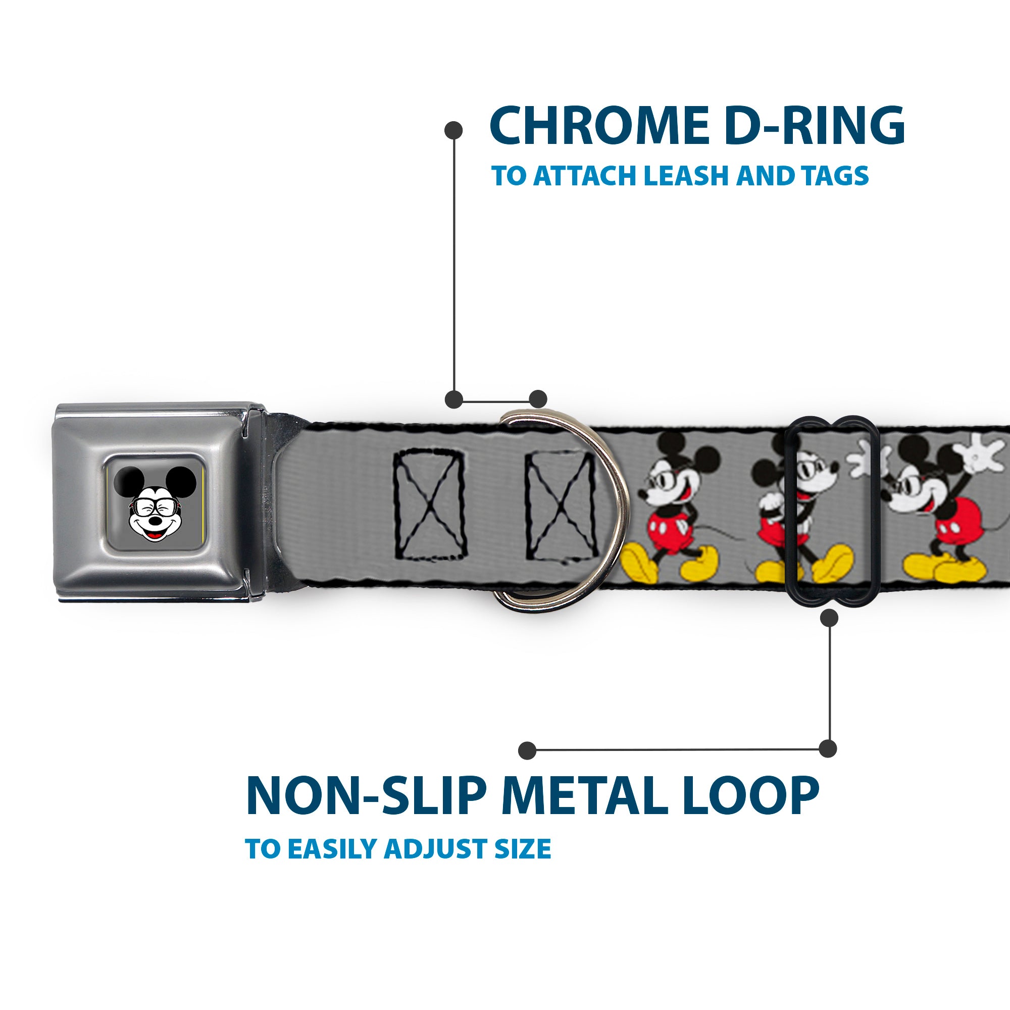 Mickey Mouse w Glasses Full Color Gray Seatbelt Buckle Collar - Mickey Mouse w/Glasses Poses Gray