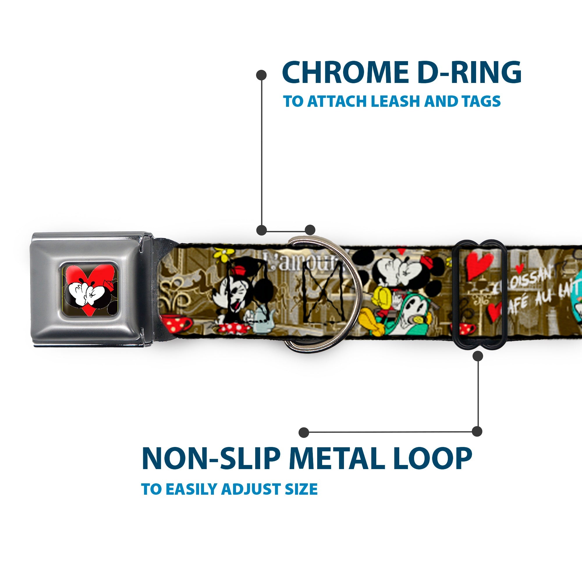 Mickey & Minnie Kiss Heart Full Color Gray Seatbelt Buckle Collar - Mickey & Minnie Croissant de Triomphe Scenes