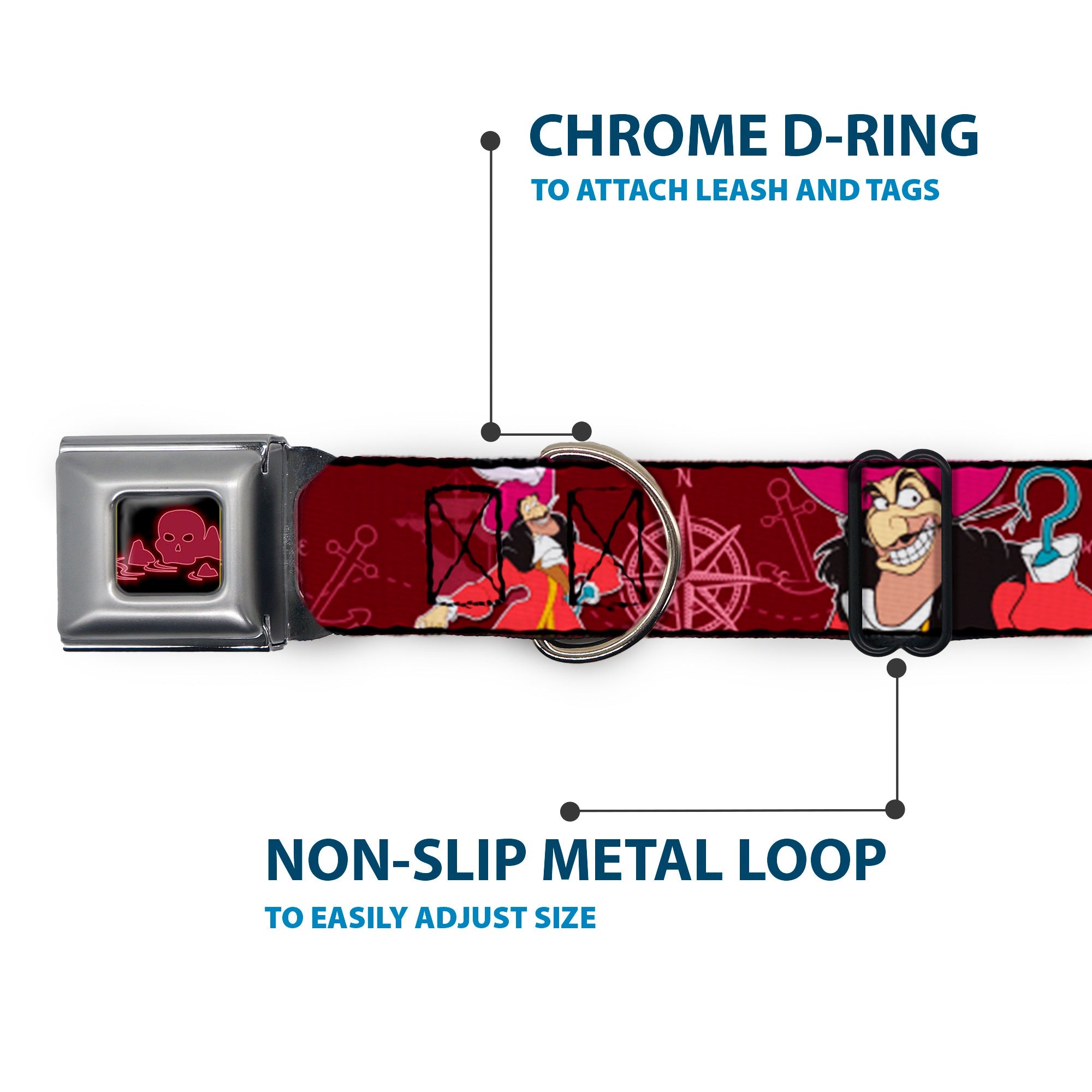 Peter Pan Skull Rock Full Color Black/Burgundy Seatbelt Buckle Collar - Captain Hook Poses/Nautical Elements Burgundy
