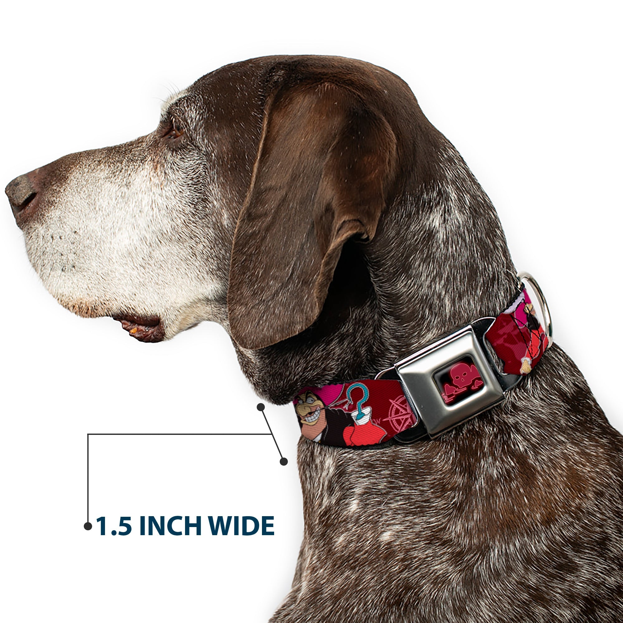 Peter Pan Skull Rock Full Color Black/Burgundy Seatbelt Buckle Collar - Captain Hook Poses/Nautical Elements Burgundy