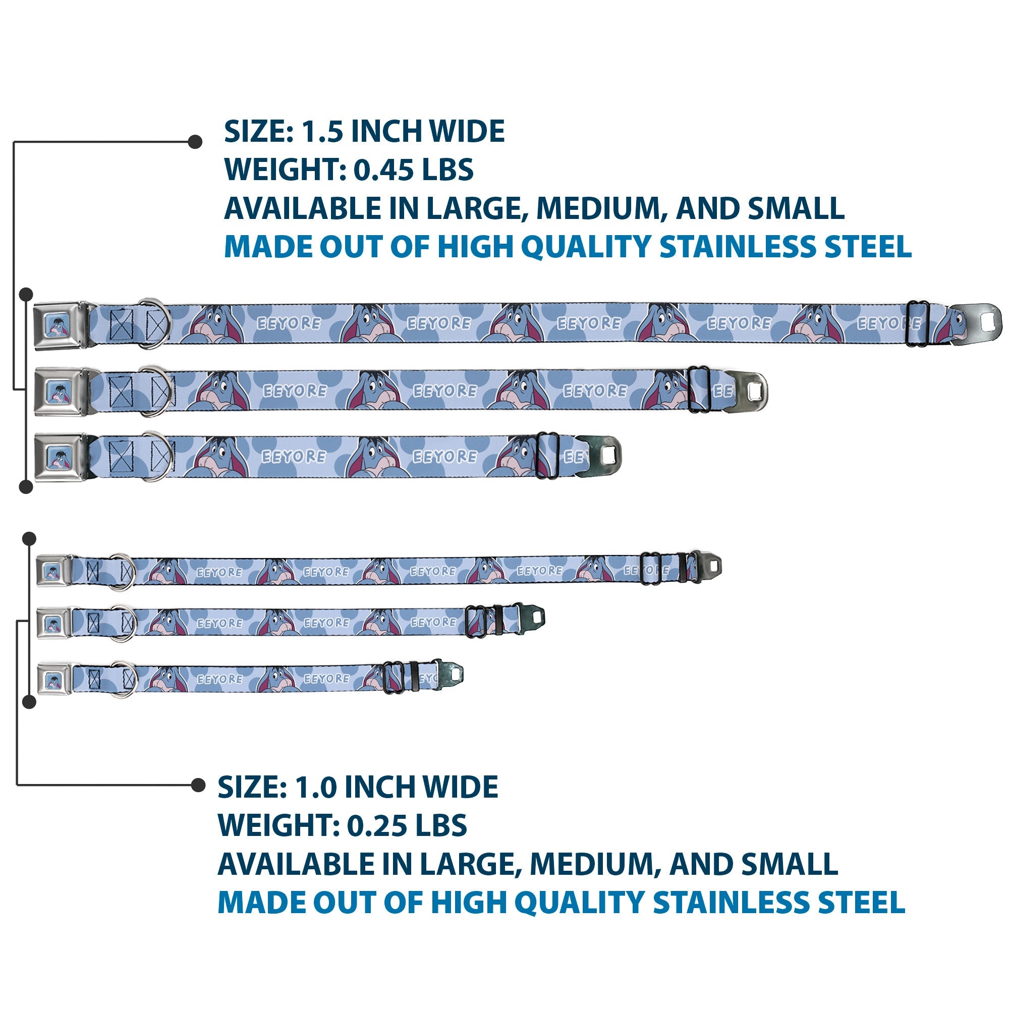 Winnie the Pooh Eeyore Expression Close-Up Blue Seatbelt Buckle Collar - Winnie the Pooh Eeyore Text and Expression Close-Up Dot Blues
