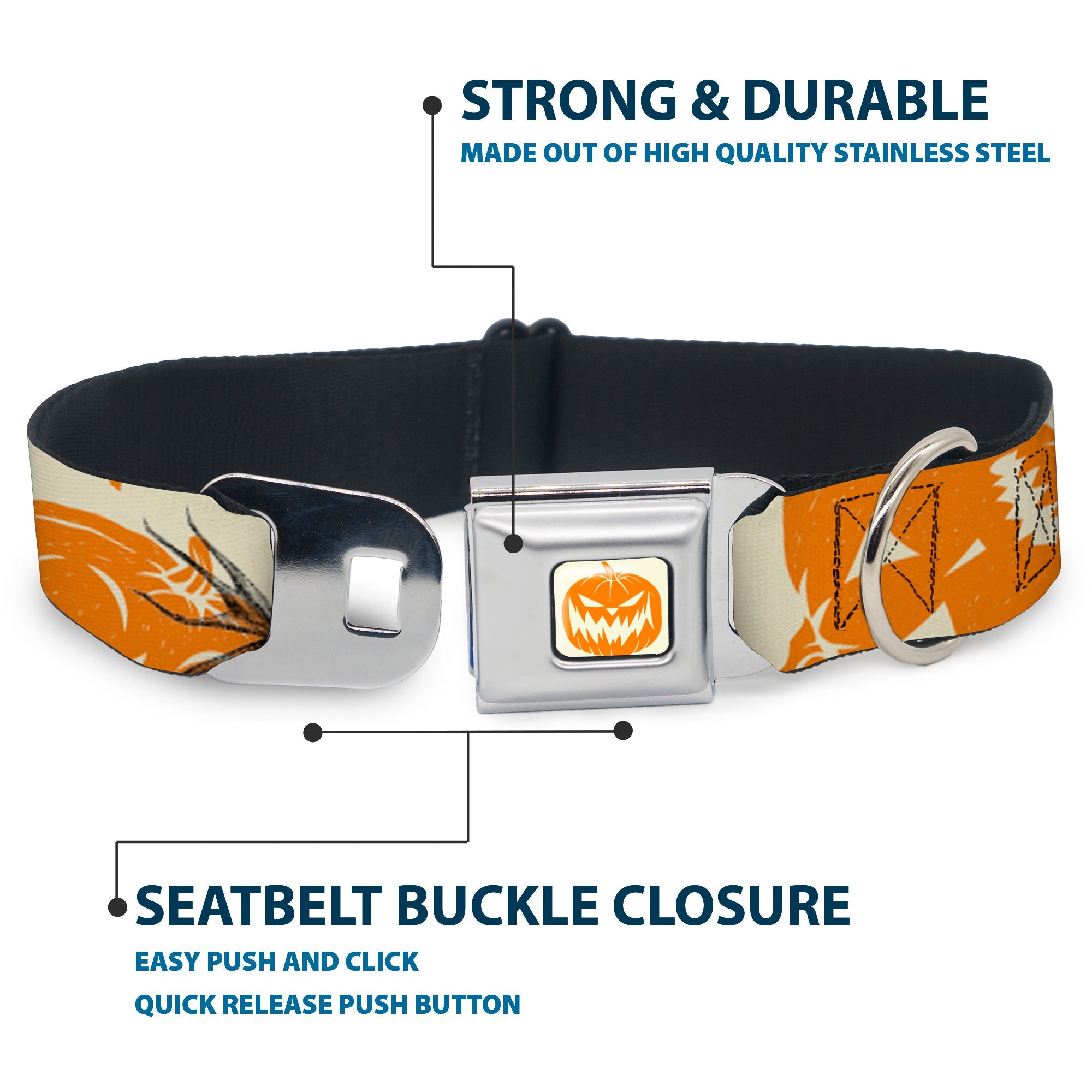 The Nightmare Before Christmas Pumpkin Ivory/Orange Seatbelt Buckle Collar - The Nightmare Before Christmas Jack Pose and Pumpkins Collage Ivory/Orange/Black