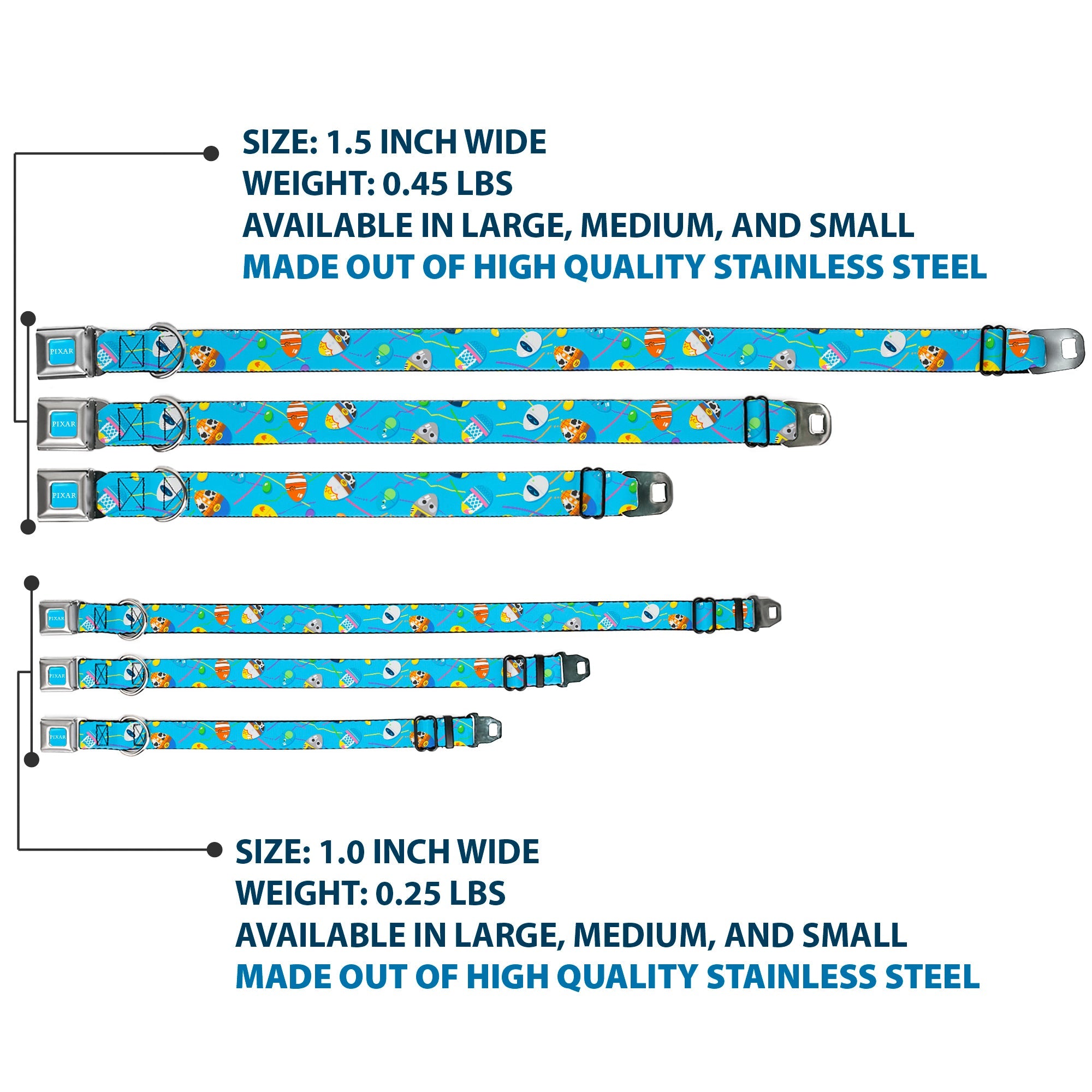 PIXAR Title Logo Full Color Blue/White Seatbelt Buckle Collar - Pixar Holiday Collection Easter Egg Characters Scattered Blue