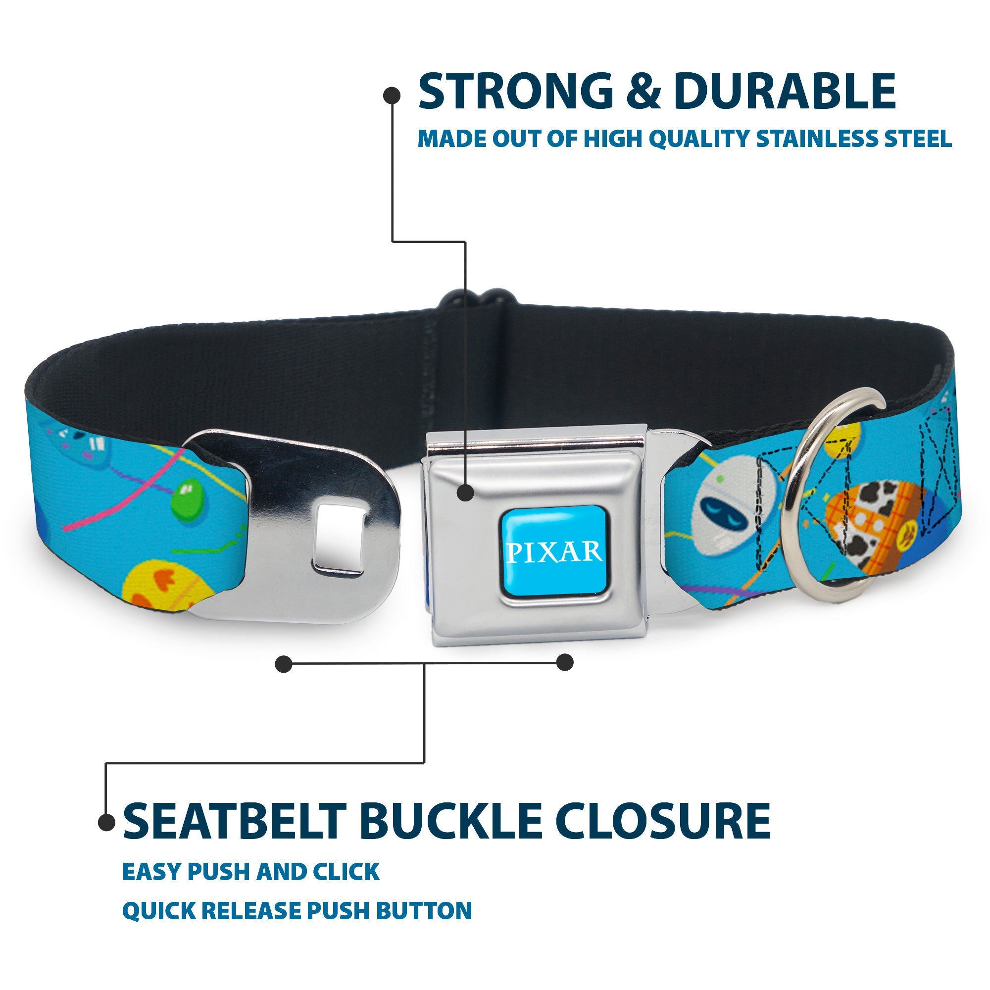 PIXAR Title Logo Full Color Blue/White Seatbelt Buckle Collar - Pixar Holiday Collection Easter Egg Characters Scattered Blue