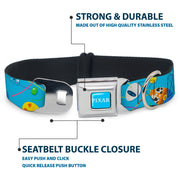 PIXAR Title Logo Full Color Blue/White Seatbelt Buckle Collar - Pixar Holiday Collection Easter Egg Characters Scattered Blue