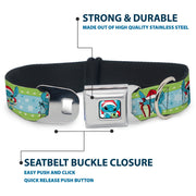Lilo and Stitch Holiday Stitch and Scrump Pose Full Color Blue Seatbelt Buckle Collar - Lilo and Stitch Holiday Stitch and Scrump Poses Stripe Green/Blue