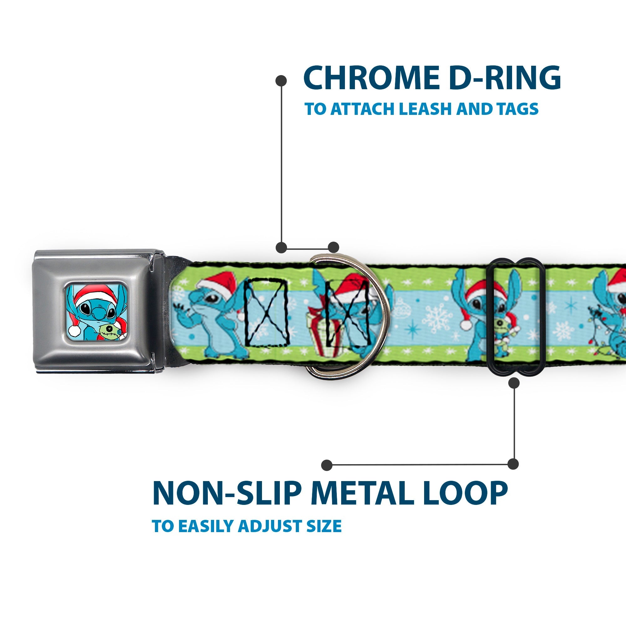 Lilo and Stitch Holiday Stitch and Scrump Pose Full Color Blue Seatbelt Buckle Collar - Lilo and Stitch Holiday Stitch and Scrump Poses Stripe Green/Blue