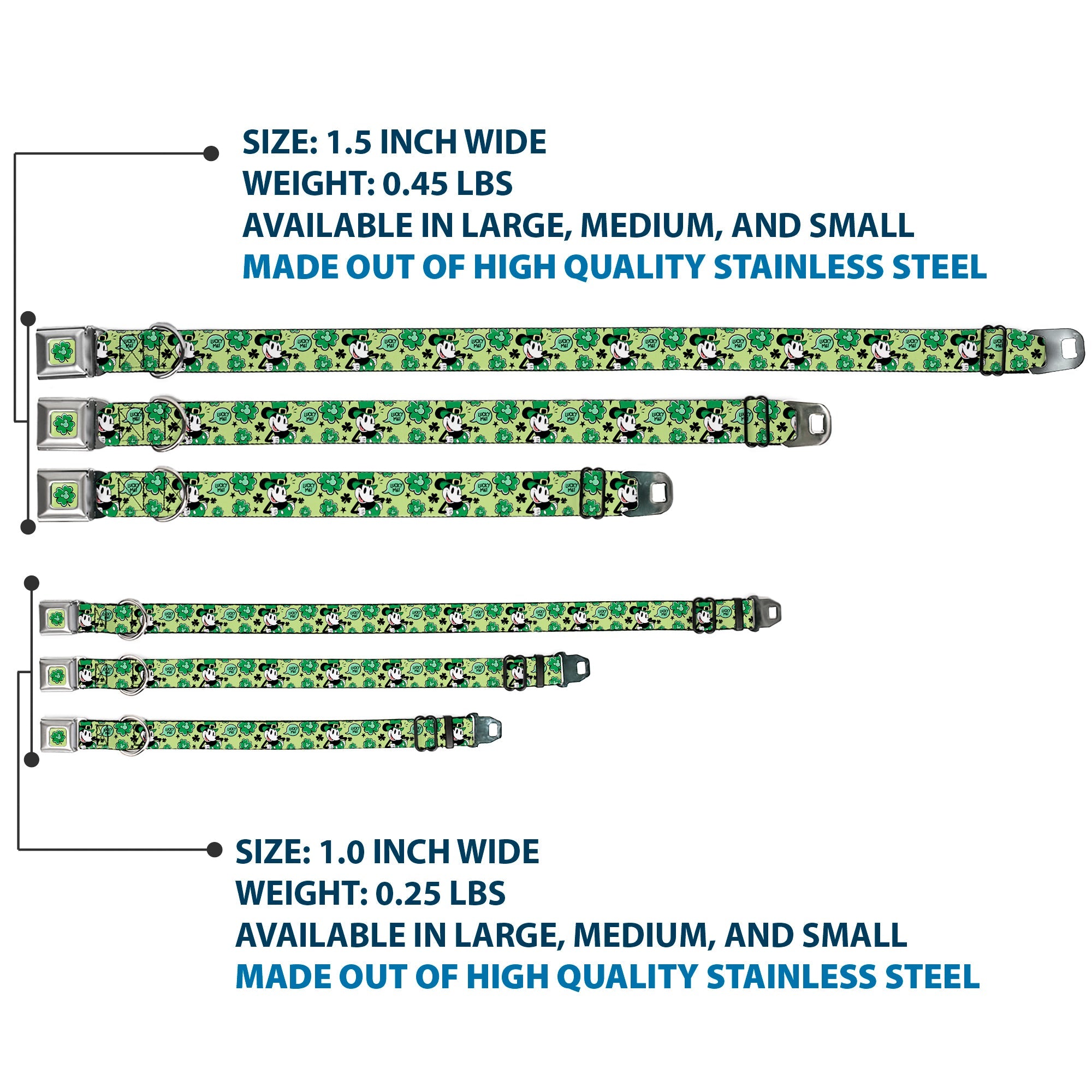 Mickey Mouse St. Patrick's Day Shamrock Full Color Greens Seatbelt Buckle Collar - Mickey Mouse St. Patrick's Day LUCKY ME Leprechaun Pose and Shamrocks Greens