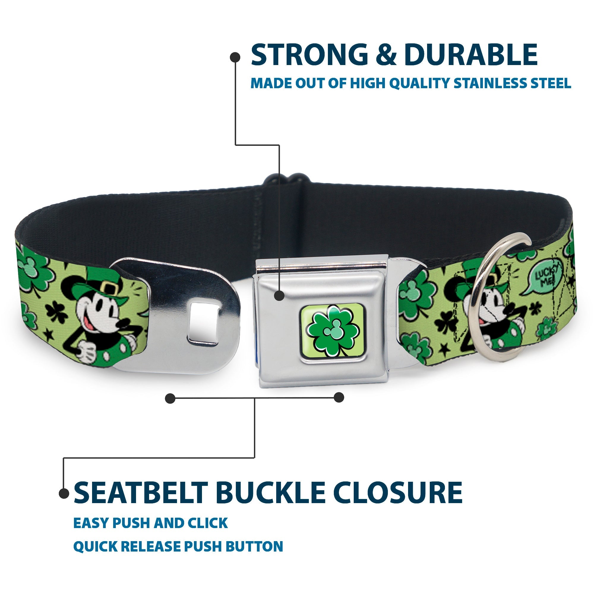 Mickey Mouse St. Patrick's Day Shamrock Full Color Greens Seatbelt Buckle Collar - Mickey Mouse St. Patrick's Day LUCKY ME Leprechaun Pose and Shamrocks Greens