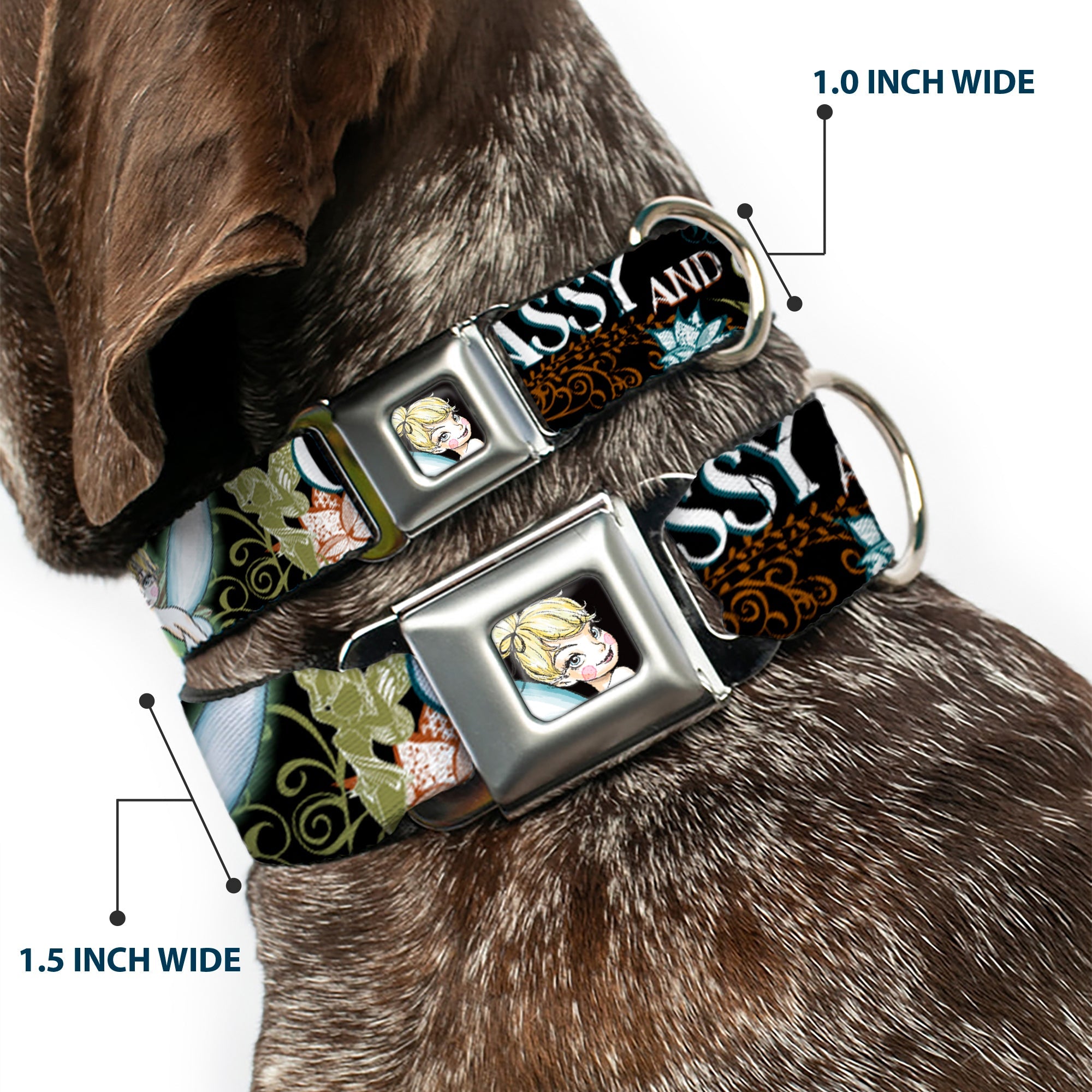 Tinker Bell Sketch Full Color Black Seatbelt Buckle Collar - Tinker Bell Floral Collage CLASSY AND SASSY