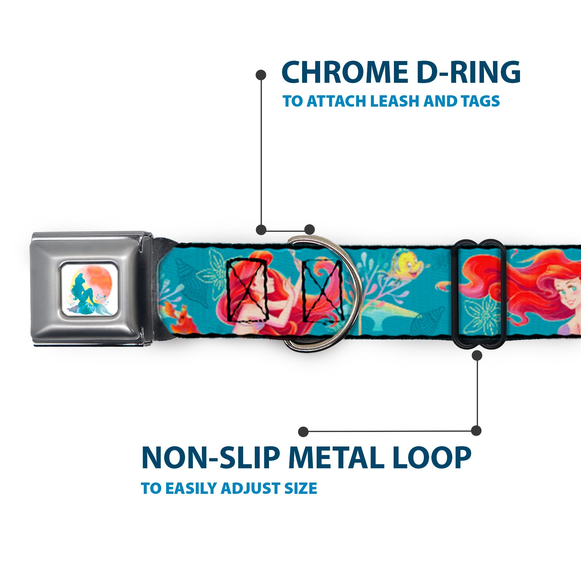 The Little Mermaid Ariel Silhouette Pose Full Color White/Multi Color Seatbelt Buckle Collar - The Little Mermaid Flounder and Sebastian Under the Sea Greens