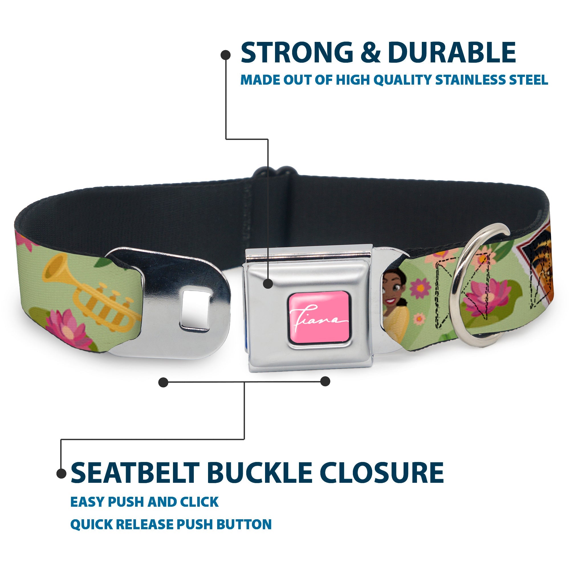 The Princess and the Frog TIANA Script Full Color Pink/White Seatbelt Buckle Collar - The Princess and the Frog Tiana's Place Collage Greens/Pinks