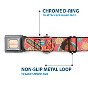 MOANA Title Logo Full Color Beige/Coral Seatbelt Buckle Collar - Moana Pose and Icons Collage Pink
