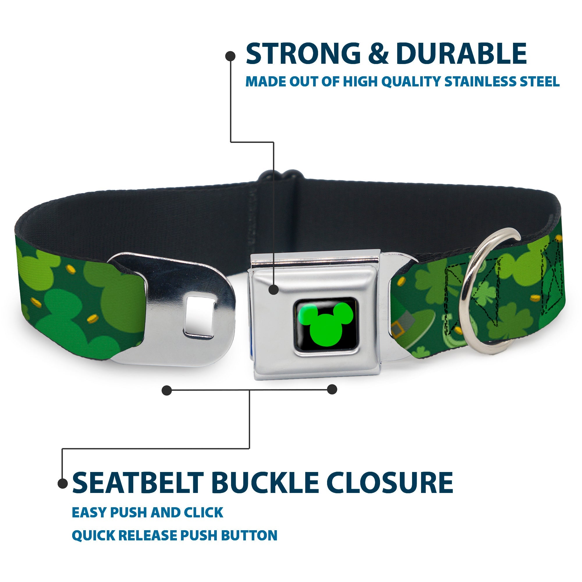Mickey Silhouette Full Color Black Green Seatbelt Buckle Collar - St. Patrick's Day Mickey Collage Greens