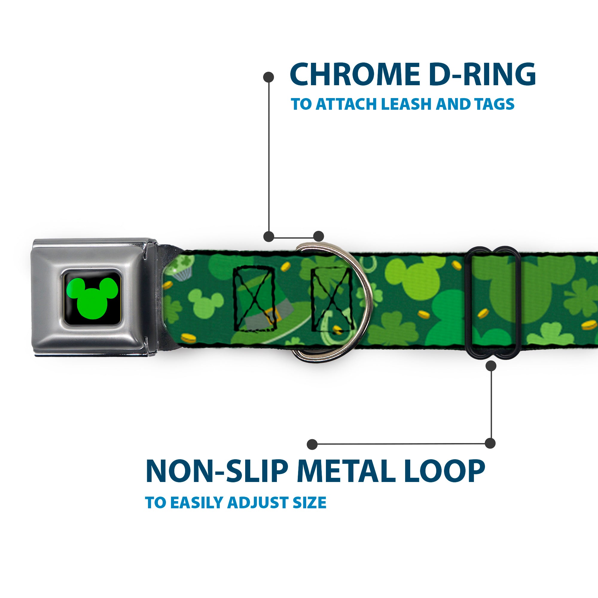 Mickey Silhouette Full Color Black Green Seatbelt Buckle Collar - St. Patrick's Day Mickey Collage Greens