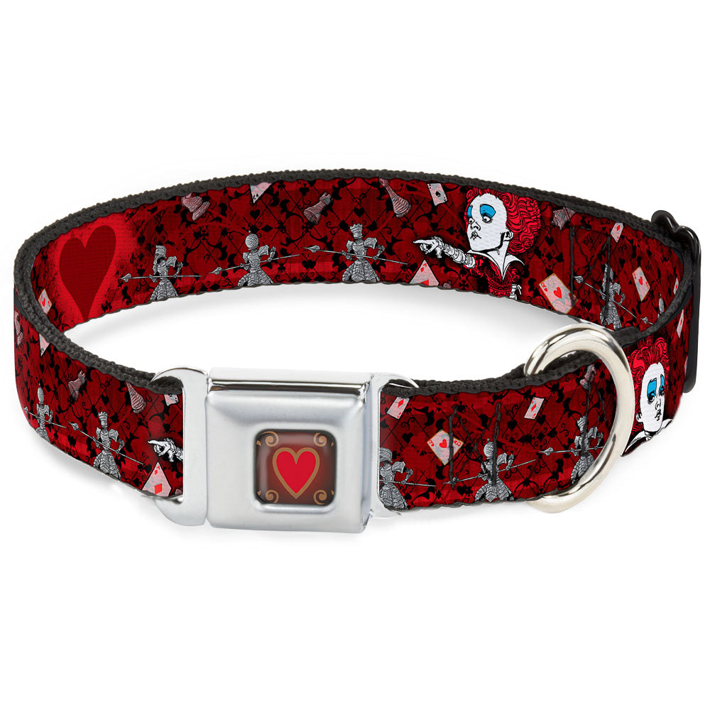 Queen's Heart Full Color Reds Gold Seatbelt Buckle Collar - Queen of Hearts Poses/Hearts/Cards Reds/Black