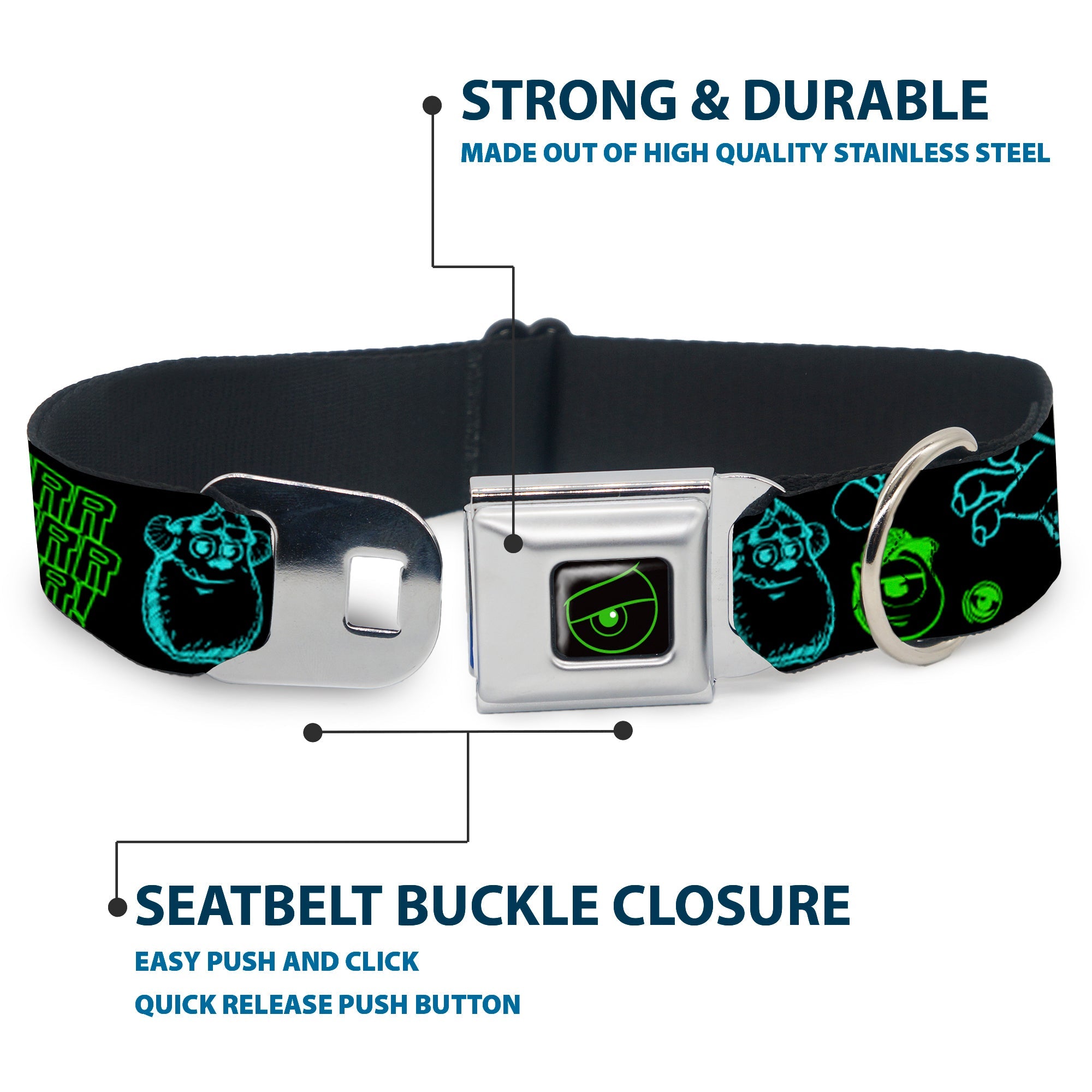 Monsters Eye Full Color Black/Neon Green Seatbelt Buckle Collar - Monsters Inc. Sully & Mike Poses/GRRRRR! Black/Turquoise/Green