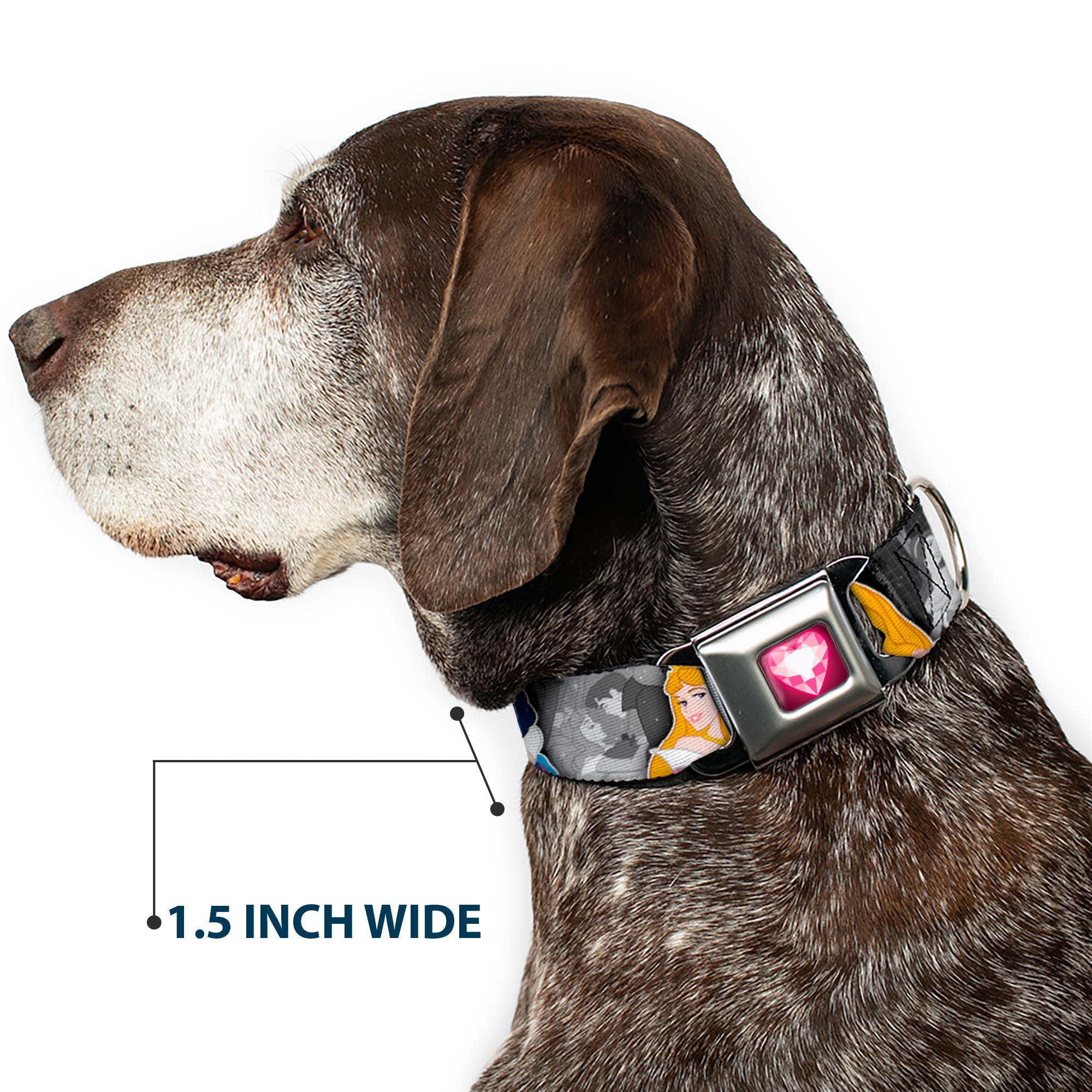 Princess Gem Heart Full Color Black/Pink Seatbelt Buckle Collar - Princess Pose/Princess & Prince Scene Grays/Multi Color