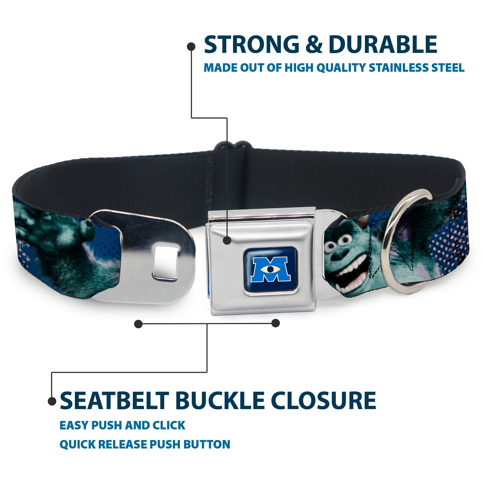 Monsters University Logo Full Color Blue White Seatbelt Buckle Collar - Sulley Scare Pose/Dots Blues/White