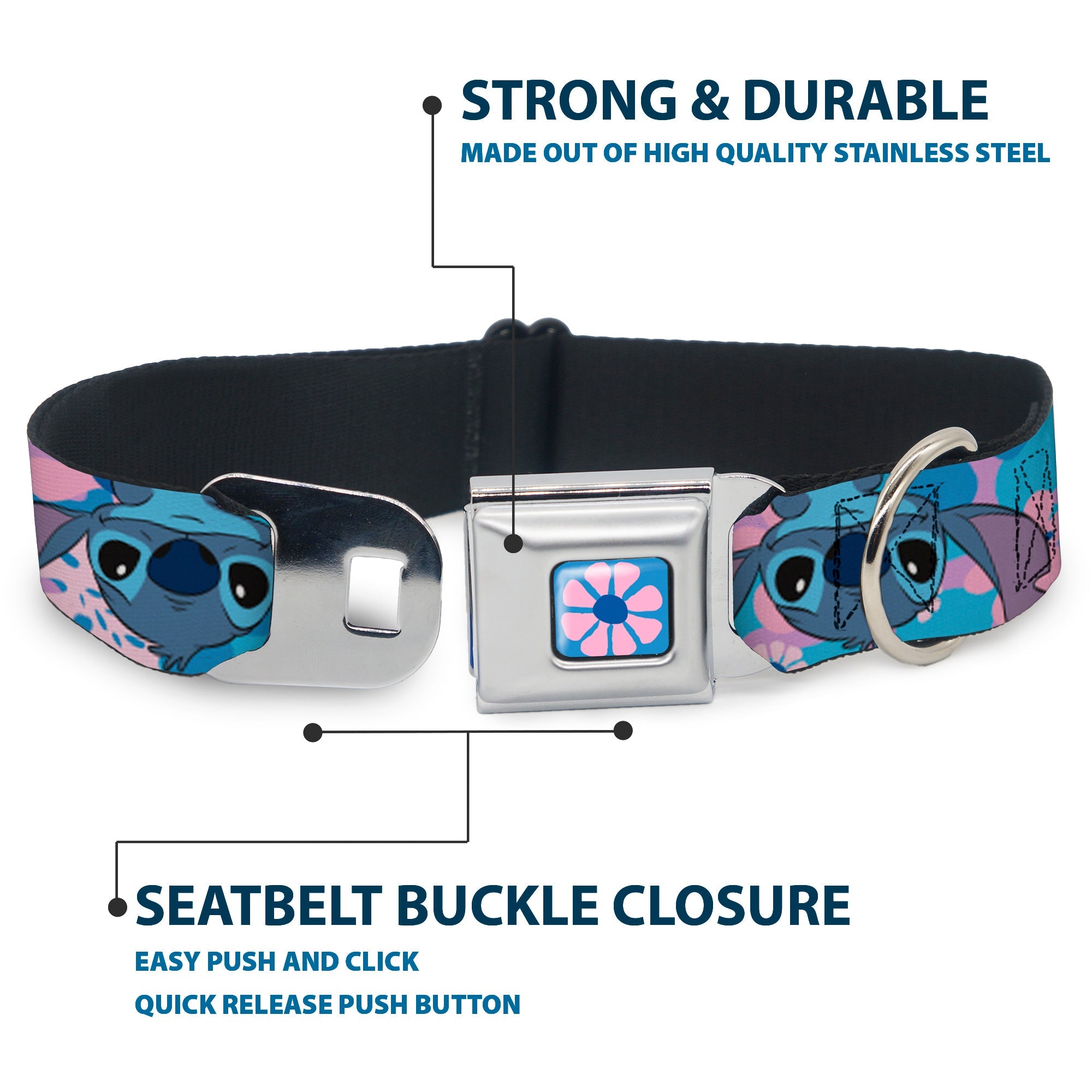 Lilo & Stitch Flower Full Color Blues/Pink Seatbelt Buckle Collar - Lilo & Stitch Stitch Flip Expressions Close-Up Blues/Pinks