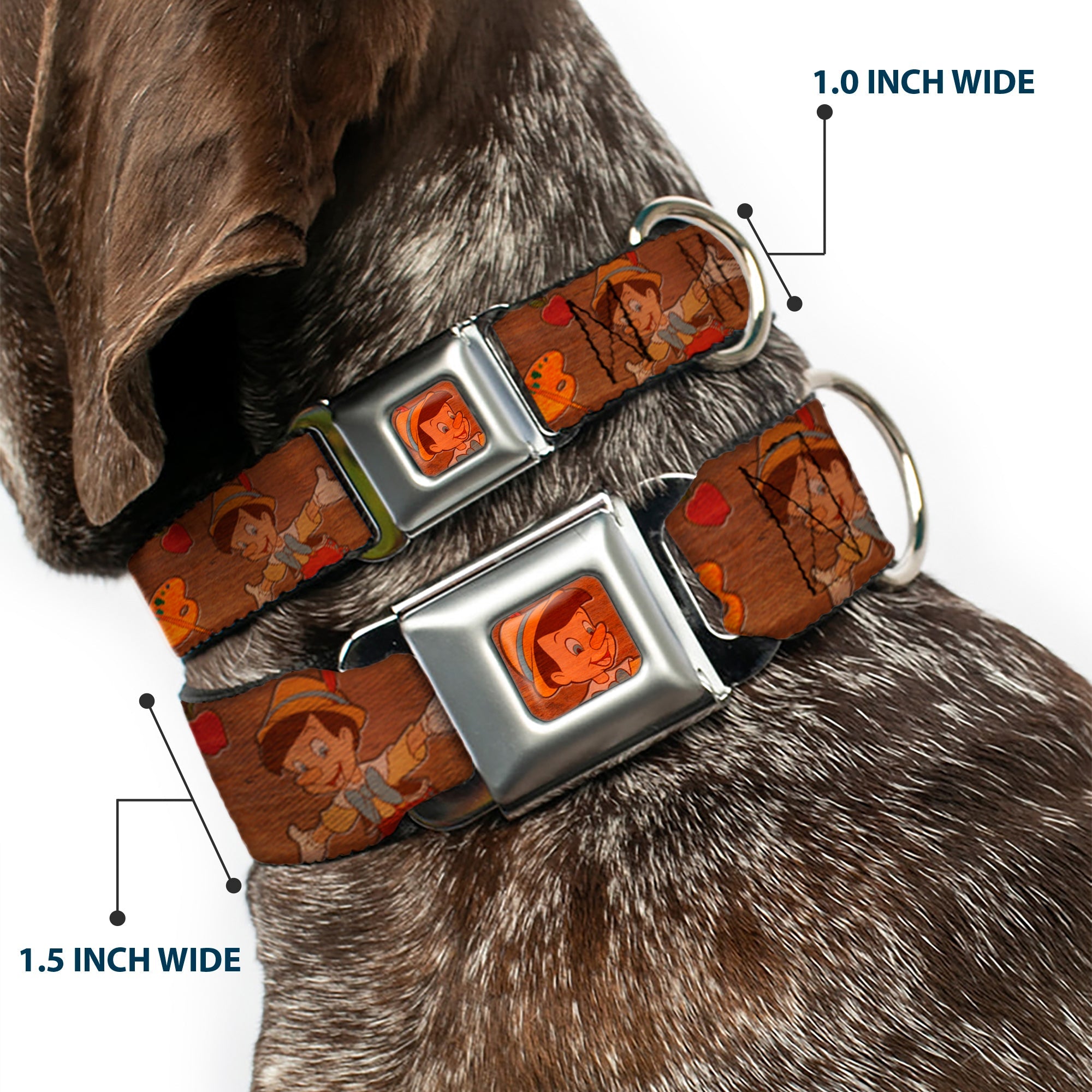 Pinocchio CLOSE-UP Full Color Wood Grain Seatbelt Buckle Collar - Pinocchio Poses Black/White/Multi Color