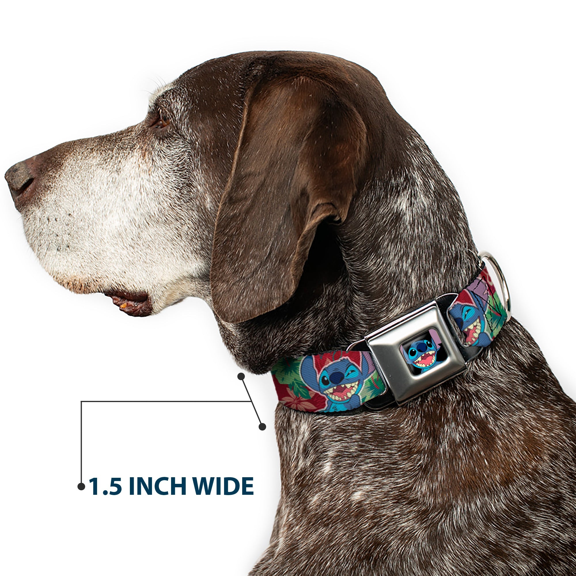 Stitch Smiling CLOSE-UP Full Color Black Seatbelt Buckle Collar - Stitch 6-Expressions Tropical Flora Burgundy Reds/Greens