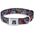 Load image into Gallery viewer, Stitch Smiling CLOSE-UP Full Color Black Seatbelt Buckle Collar - Stitch 6-Expressions Tropical Flora Burgundy Reds/Greens
