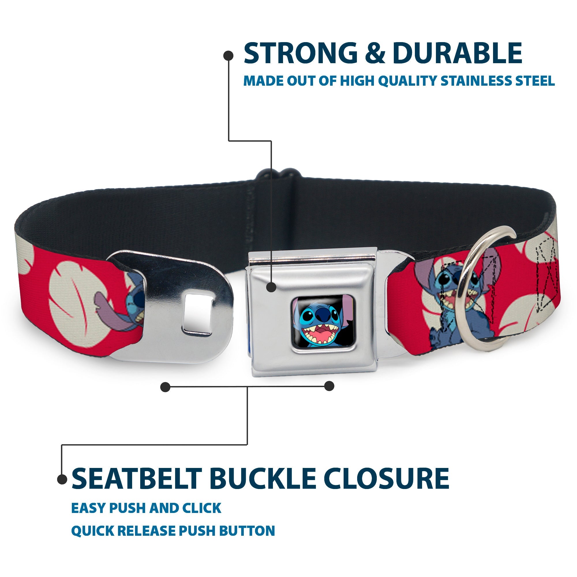 Stitch Smiling Full Color CLOSE-UP Seatbelt Buckle Collar - Lilo & Stitch Stitch 4-Poses/Lilo Dress Leaves Red/Ivory