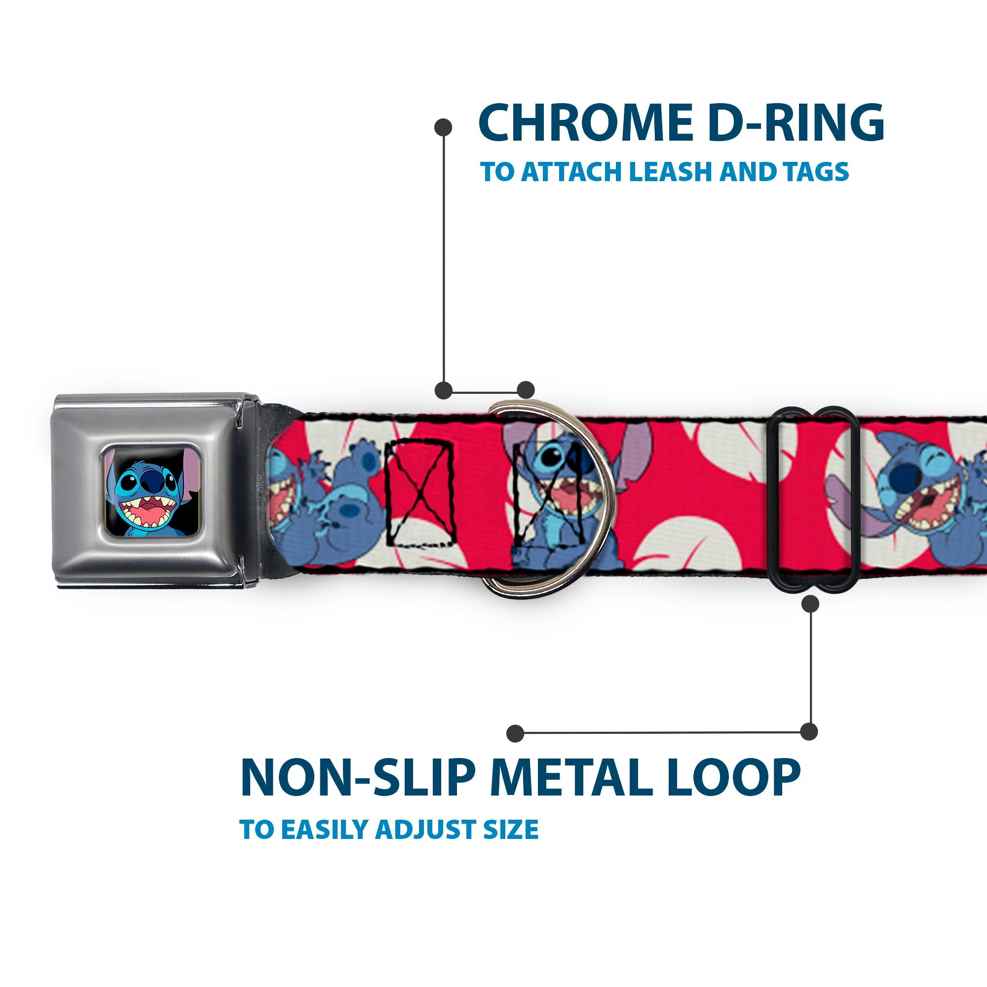 Stitch Smiling Full Color CLOSE-UP Seatbelt Buckle Collar - Lilo & Stitch Stitch 4-Poses/Lilo Dress Leaves Red/Ivory