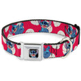 Load image into Gallery viewer, Stitch Smiling Full Color CLOSE-UP Seatbelt Buckle Collar - Lilo & Stitch Stitch 4-Poses/Lilo Dress Leaves Red/Ivory
