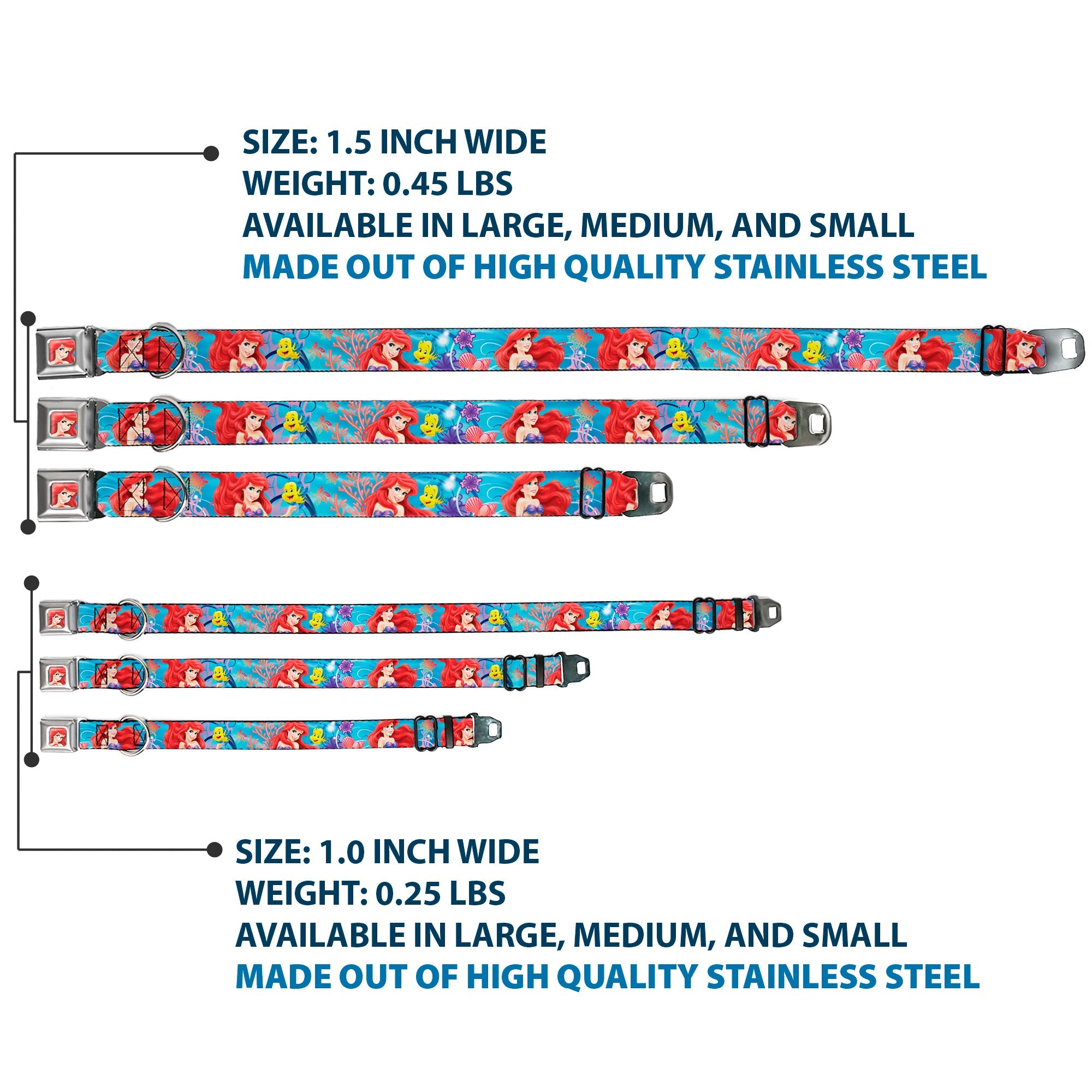 Ariel Face3 Full Color Blue Seatbelt Buckle Collar - Ariel & Flounder Vivid Underwater Poses