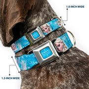 FROZEN Logo Full Color Blues Seatbelt Buckle Collar - Frozen Elsa Face/Action Pose/Snowflakes Blues/White