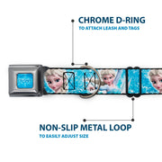 FROZEN Logo Full Color Blues Seatbelt Buckle Collar - Frozen Elsa Face/Action Pose/Snowflakes Blues/White