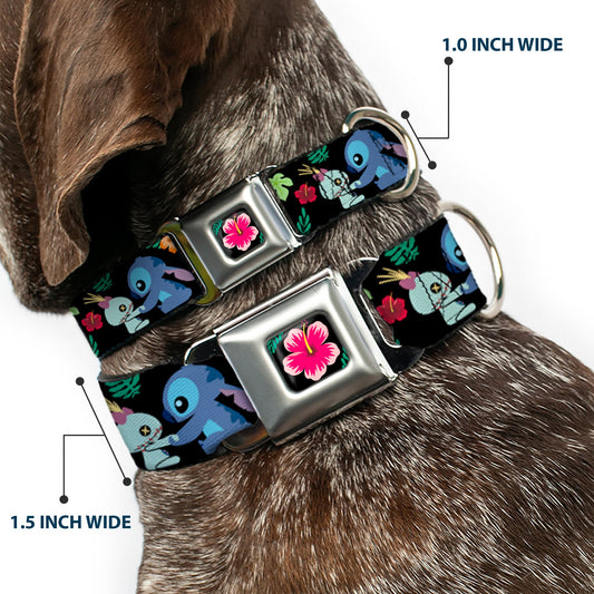 Lilo & Stitch Hibiscus Flower Full Color Black/Pink Seatbelt Buckle Collar - Stitch & Scrump Poses/Tropical Flora