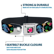 Lilo & Stitch Hibiscus Flower Full Color Black/Pink Seatbelt Buckle Collar - Stitch & Scrump Poses/Tropical Flora