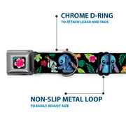 Lilo & Stitch Hibiscus Flower Full Color Black/Pink Seatbelt Buckle Collar - Stitch & Scrump Poses/Tropical Flora