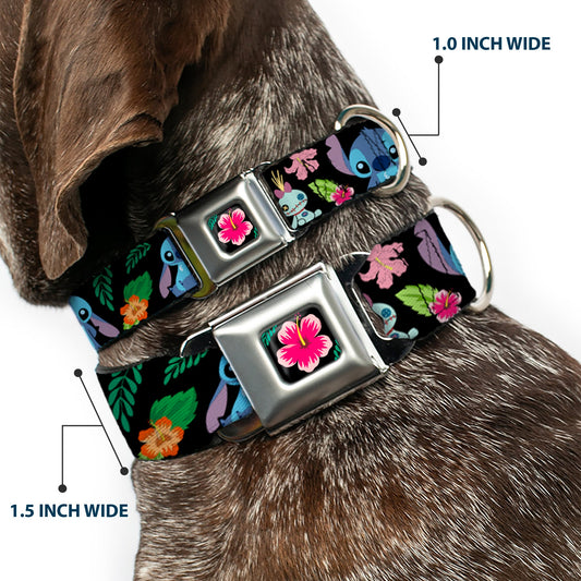 Lilo & Stitch Hibiscus Flower Full Color Black Pink Seatbelt Buckle Collar - OHANA MEANS FAMILY/Stitch & Scrump Poses/Tropical Flora Black/White/Multi Color