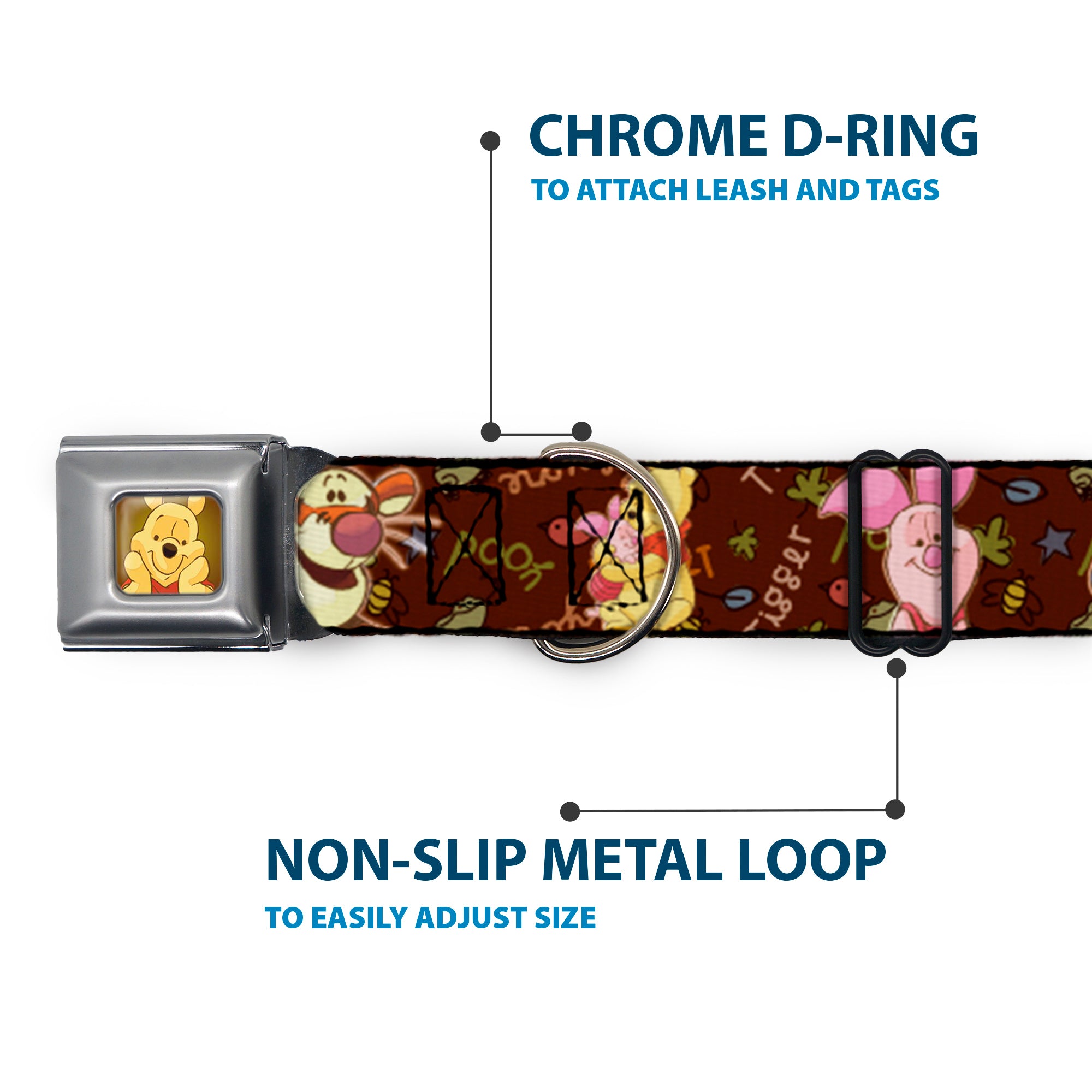 Winnie the Pooh Face Full Color Radial Brown Fade Seatbelt Buckle Collar featuring Pooh and friends, with chrome D-ring and a