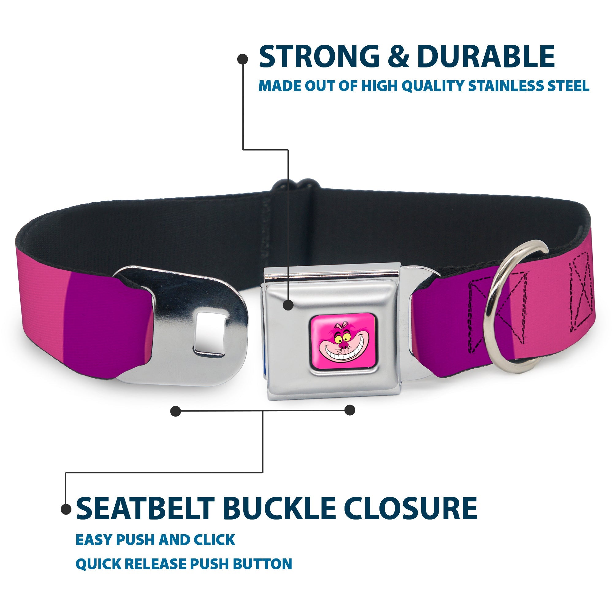 Cheshire Cat Face Full Color Pink Seatbelt Buckle Collar - Cheshire Cat Stripe Pink/Purple