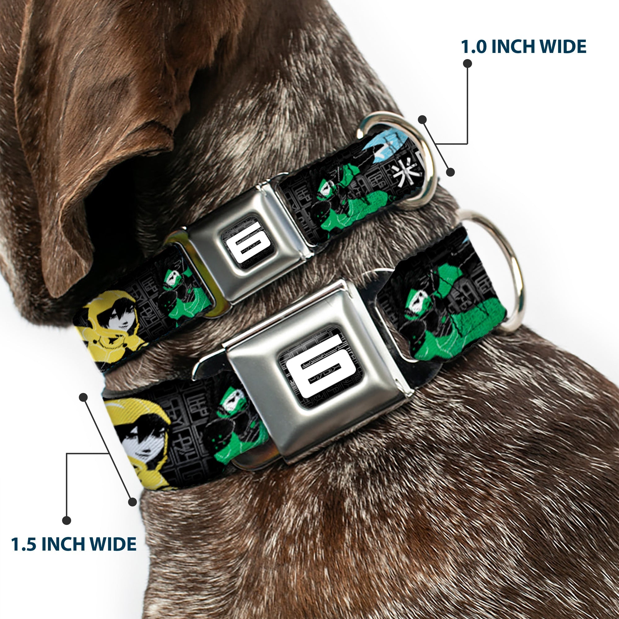 Southlake Paws Big Hero 6 seatbelt buckle collar featuring colorful name blocks and action poses, 1.5 inches wide.