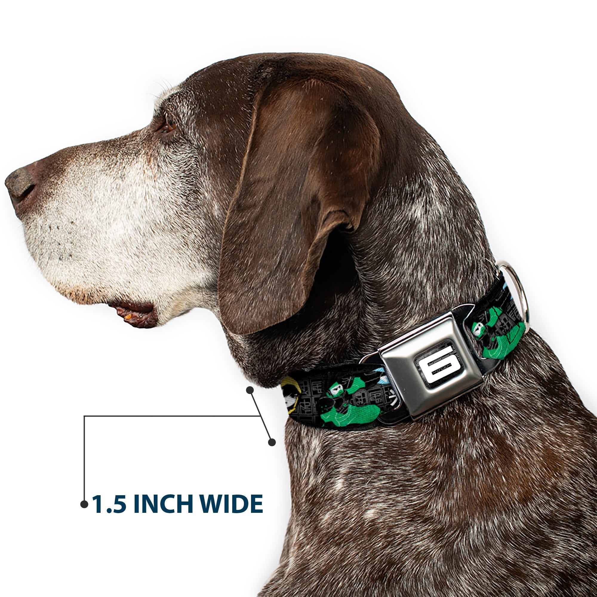 Southlake Paws Big Hero 6 Name Blocks collar features a black, gray, and multi-color design with a seatbelt buckle, 1.5 inche