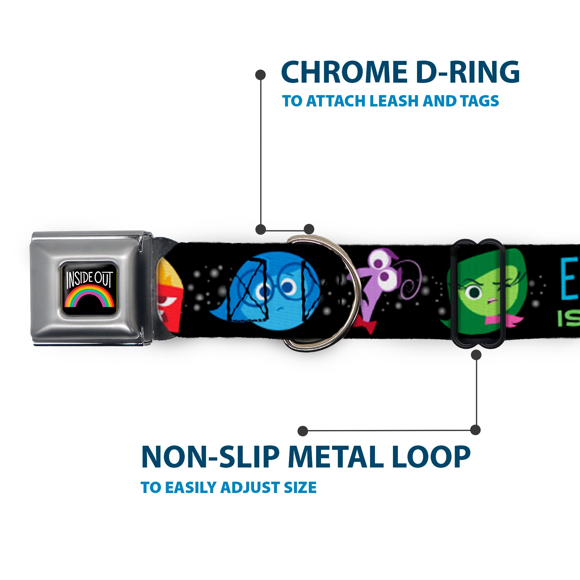 INSIDE OUT Rainbow Full Color Black/White/Multi Color Seatbelt Buckle Collar - INSIDE OUT/Emotion Expressions/EVERY DAY IS FULL OF EMOTIONS