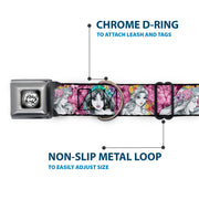 Princess Rose Full Color Grays/White/Black Seatbelt Buckle Collar - Princess Sketch Poses/Floral Collage Pinks/Grays