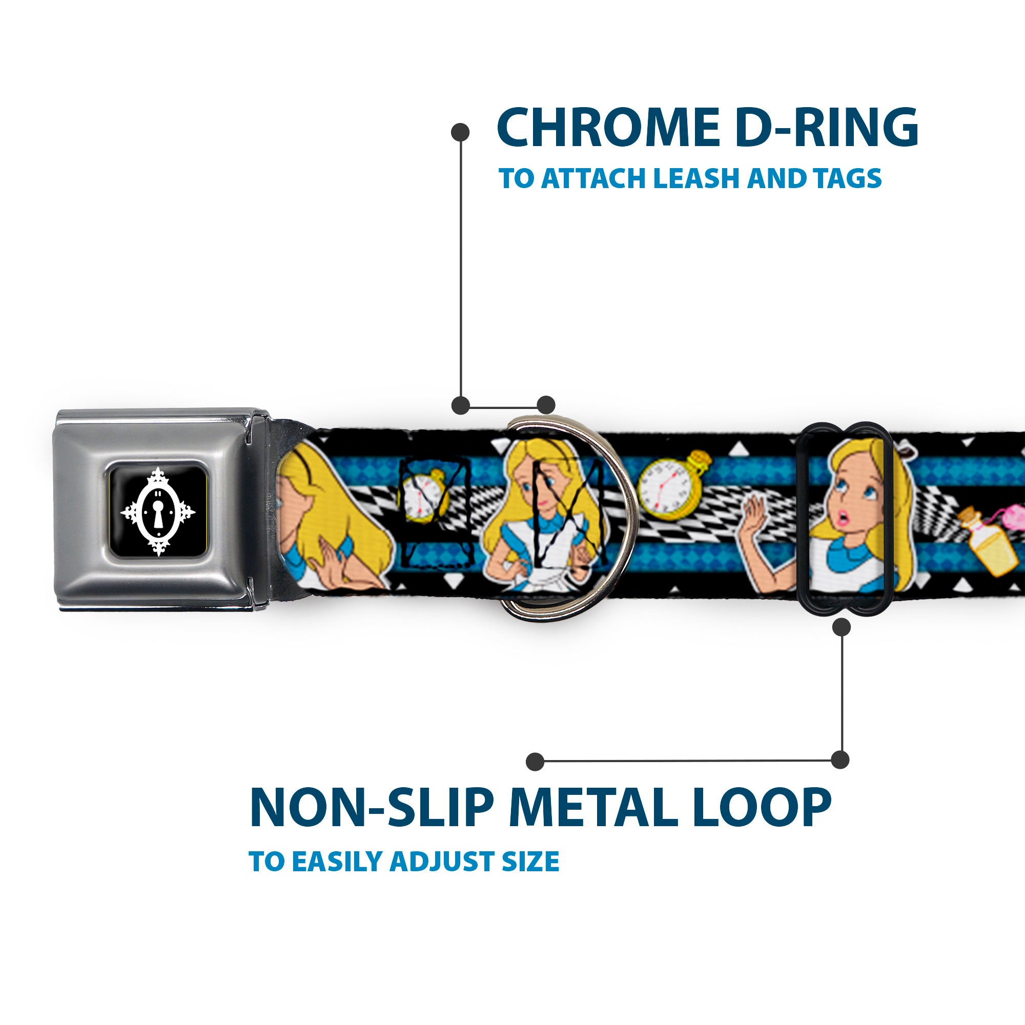 Alice Keyhole Full Color Black/White Seatbelt Buckle Collar - Alice in Wonderland Poses/Clock/Bottle Diamond/Stripe Black/White/Blues