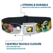 Alice in Wonderland THIS WAY Sign/Flowers Full Color Seatbelt Buckle Collar - Alice & Cheshire Cat Poses/Flowers