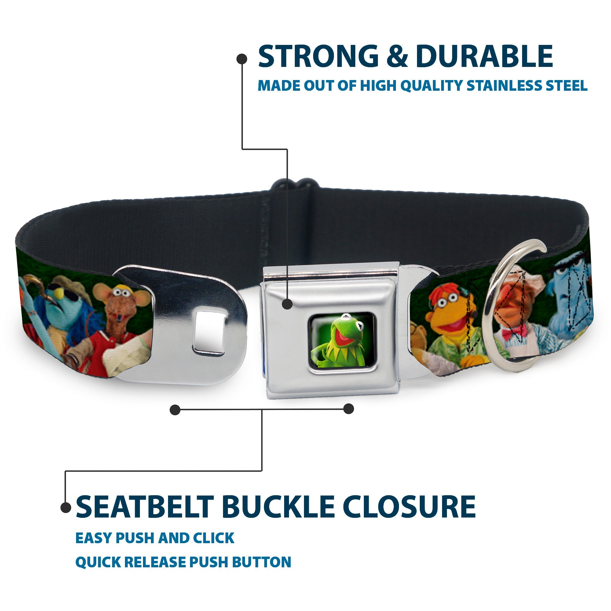 Kermit the Frog Pose Full Color Green Glow Seatbelt Buckle Collar - Muppets 20-Character Group Pose Greens