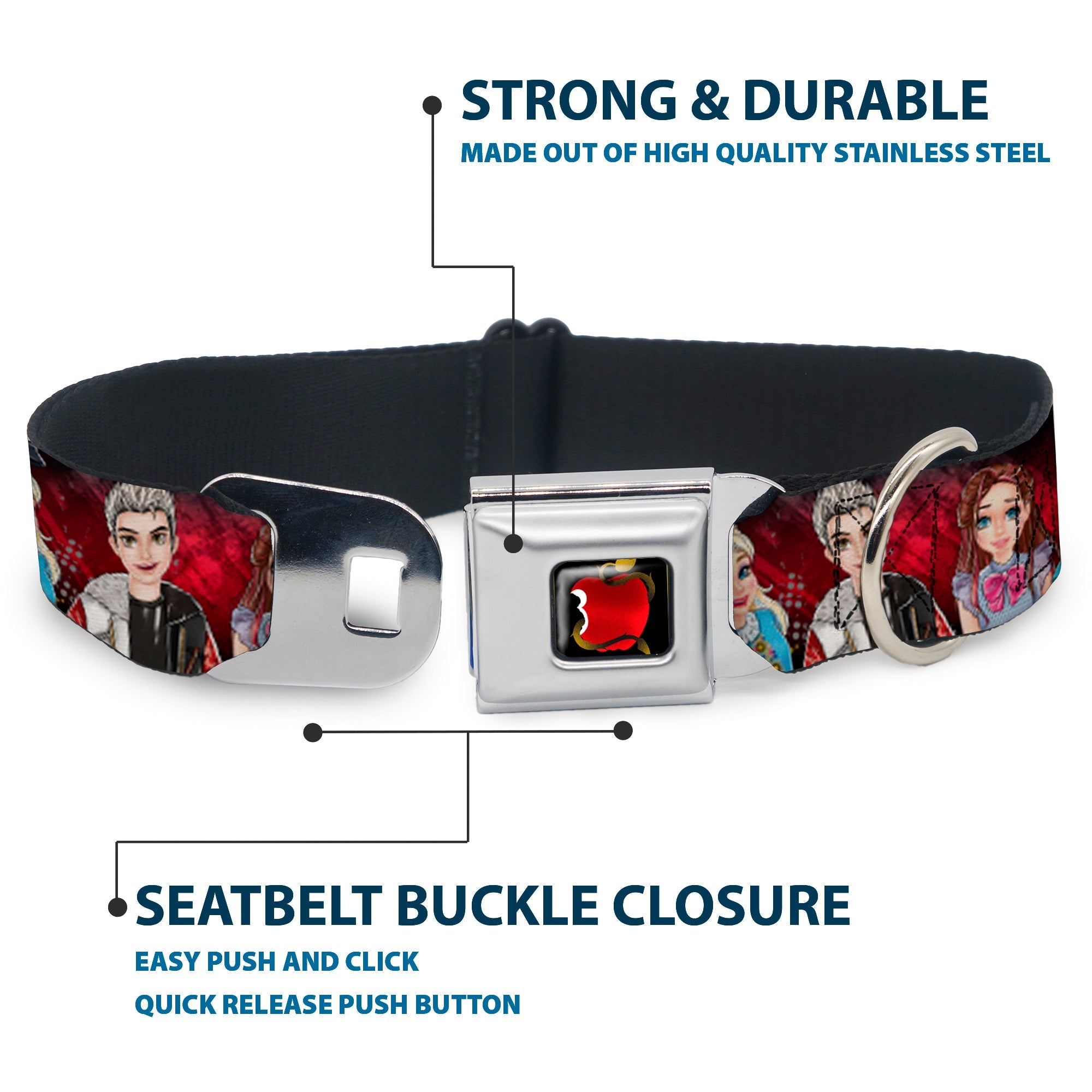 Descendants Apple Full Color Black/Red/Gold Seatbelt Buckle Collar - Descendants 11-Character Group Pose Reds/Gray