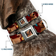 Dug Tongue Out Pose Full Color Black Seatbelt Buckle Collar - Dug 4-Poses/Balloons/Paw Print Reds
