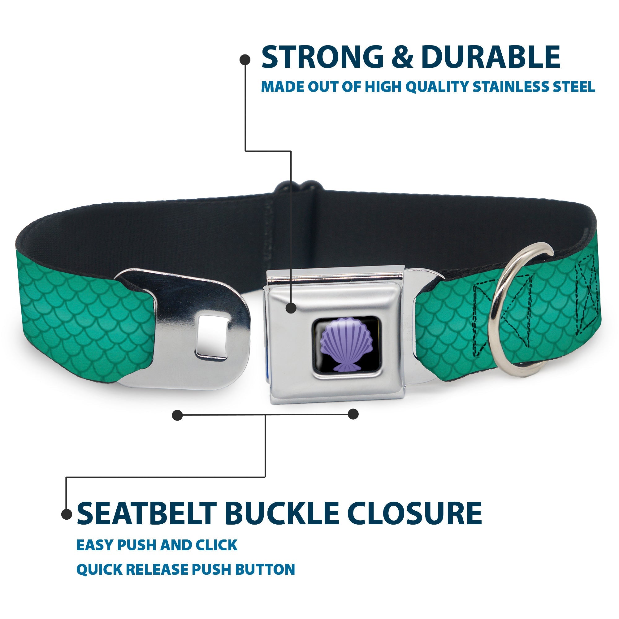 Little Mermaid Clam Shell Full Color Black/Purples Seatbelt Buckle Collar - Ariel's Scales Turquoise Blues